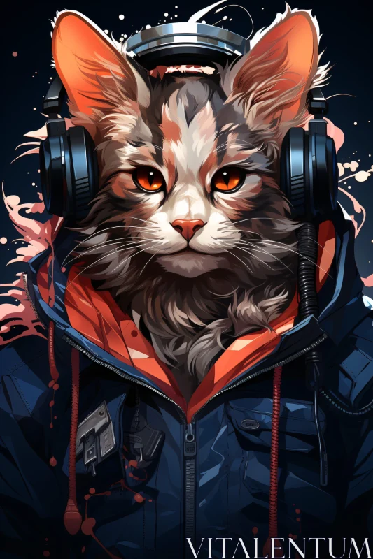 Cat in Fashionable Jacket with Headphones AI Image