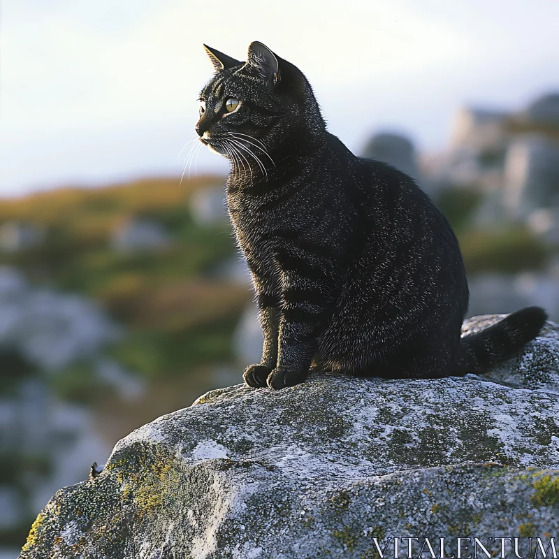 Black Cat Gazing from Rock AI Image