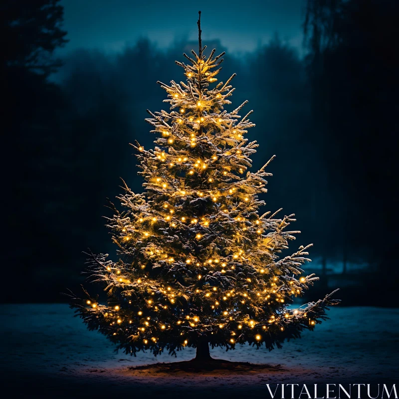 Christmas Tree Radiates in Snowy Forest AI Image