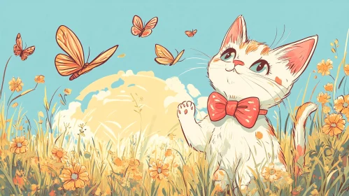 Whimsical Cat and Butterflies in a Vibrant Meadow