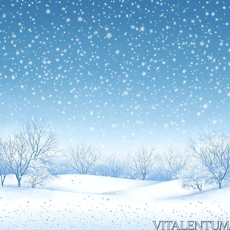 Tranquil Snowy Scene with Bare Trees and Snowflakes AI Image