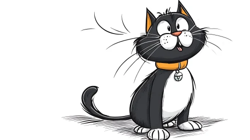 Humorous Cartoon Cat with Large Eyes and Bell Collar