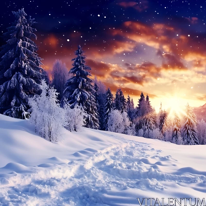 Winter Wonderland in a Snowy Forest at Sunset AI Image