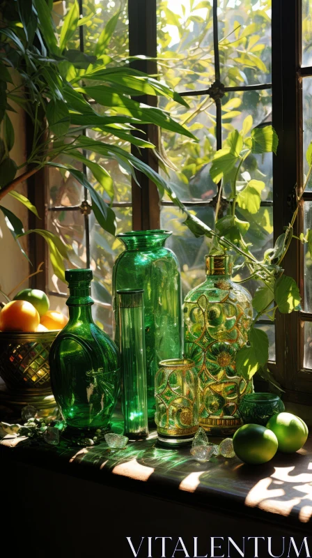 Captivating Still Life: Green Vases and Citrus Fruit on a Window Sill AI Image