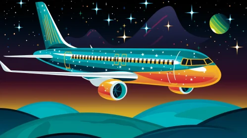 Cartoon Airplane Flying Over Night Mountain Range