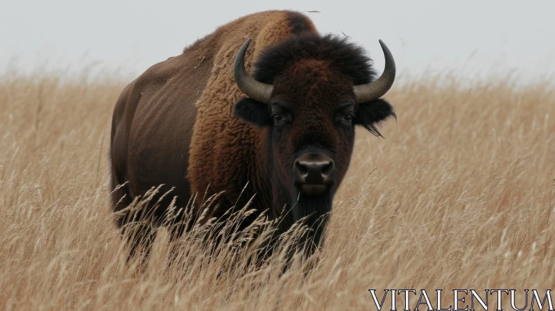 Close-up of a Powerful Bison in a Field of Tall Grass AI Image