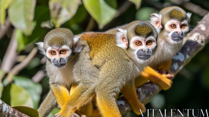 Close-up of Three Squirrel Monkeys on a Branch | Captivating Wildlife Photography AI Image