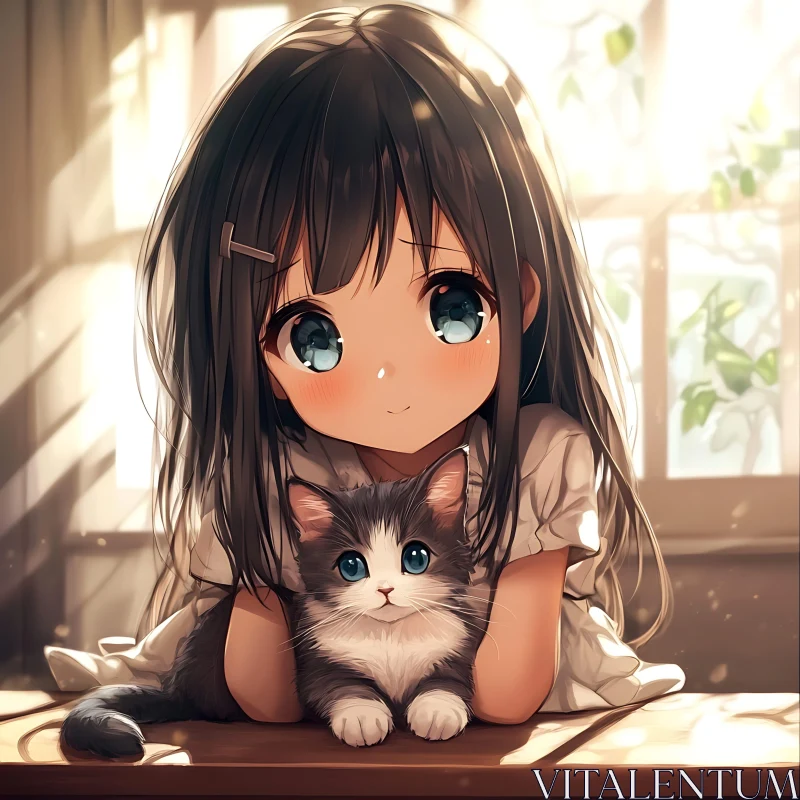 Cute Anime Girl and Her Cat AI Image