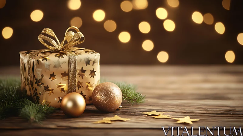 Christmas Gift with Golden Ornaments and Lights AI Image