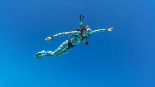 Female Scuba Diver Swimming in Deep Blue Sea