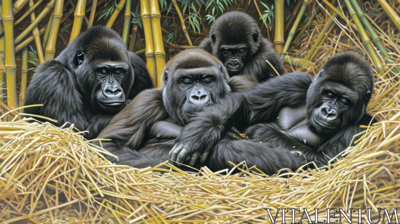 Four Gorillas in a Straw Nest: A Captivating Wildlife Painting AI Image