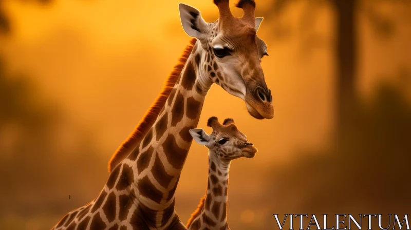 Graceful Giraffes in Nature: A Heartwarming Sunset Scene AI Image