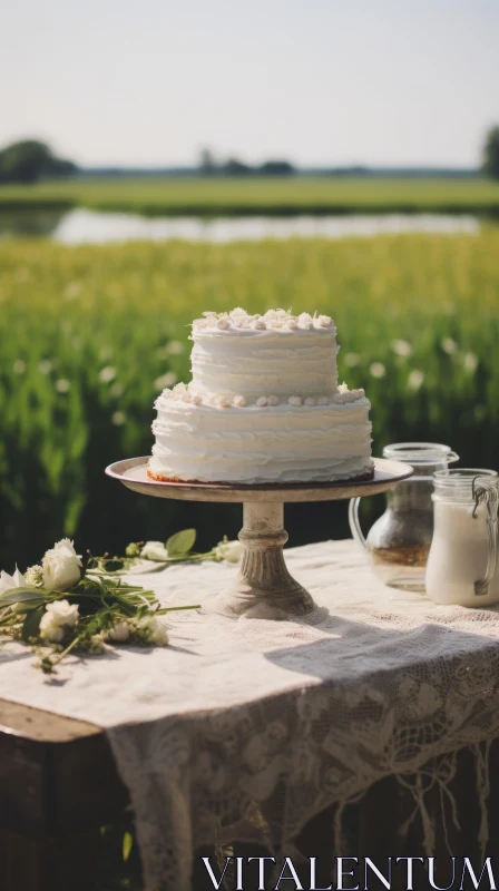 Ivory Wedding Cake in a Flower Field: A Blend of Tradition and Nature AI Image
