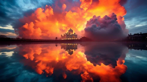 Vibrant Orange Clouds Enveloping a Majestic Cathedral - Oriental Art Inspired