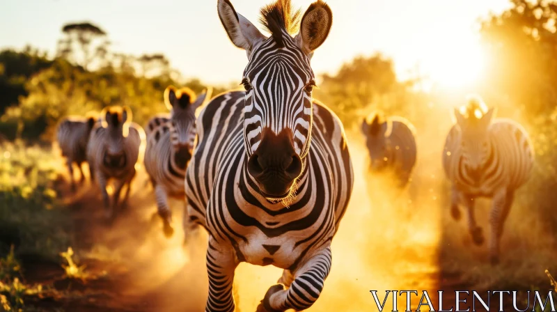 AI ART Zebras Running in African Savanna at Sunrise