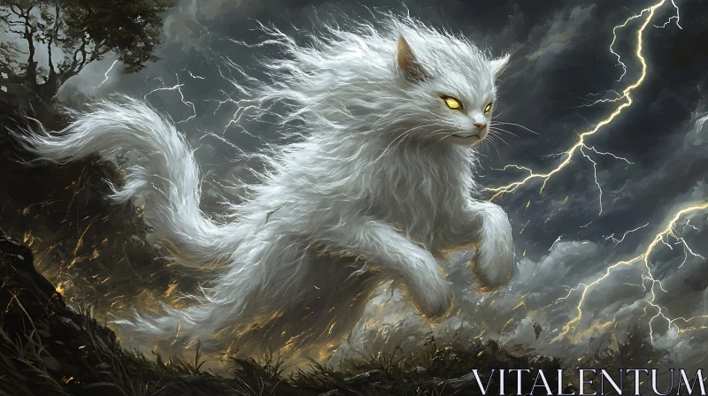 Ethereal Cat Amidst Lightning AI Image