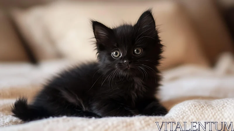 Cute Fluffy Black Kitten on a Cream Blanket AI Image