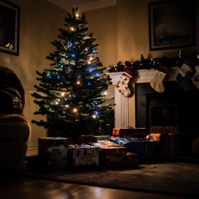 Warm Holiday Scene with Christmas Tree and Gifts