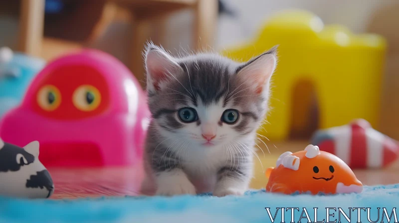 Curious Kitten with Big Blue Eyes and Toys AI Image