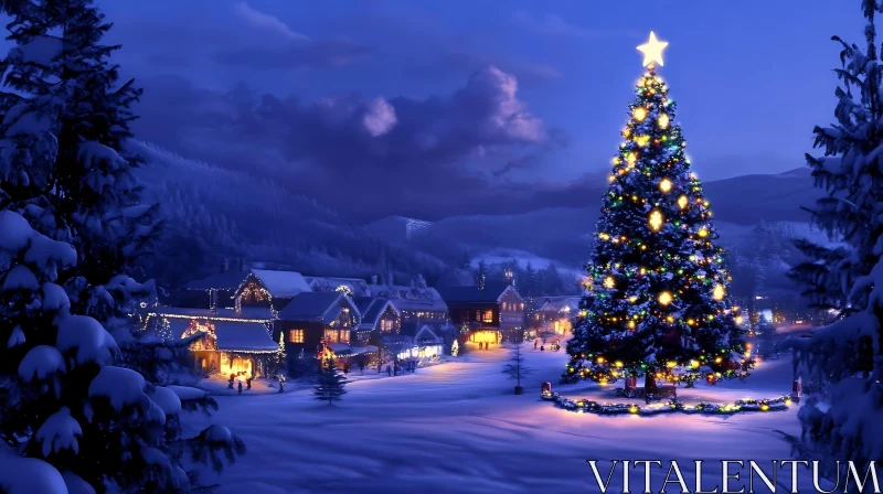 Festive Night in a Snowy Village with a Glowing Christmas Tree AI Image