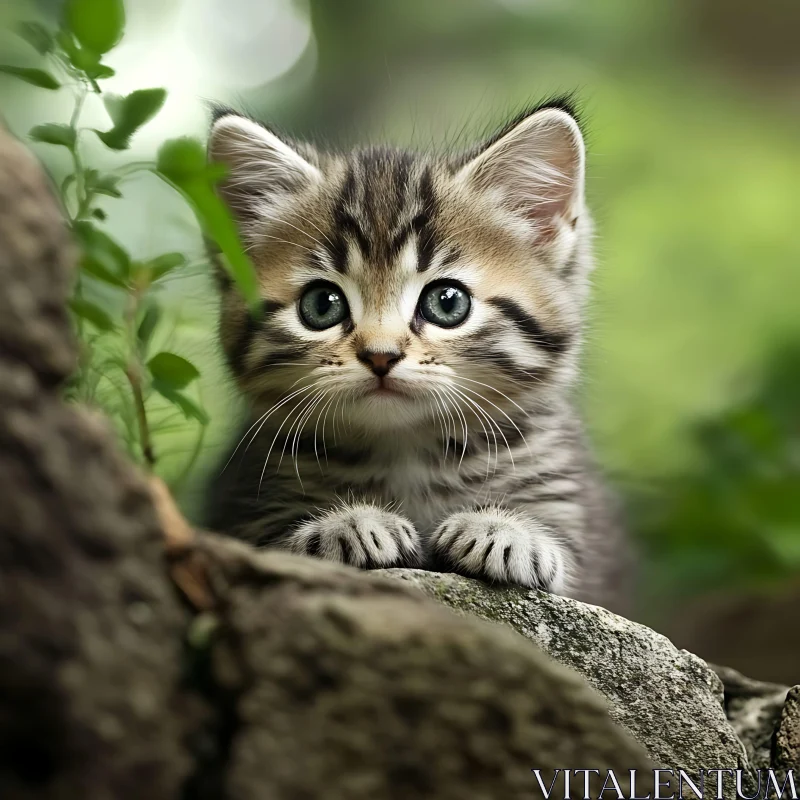 Curious Kitten in Natural Setting AI Image