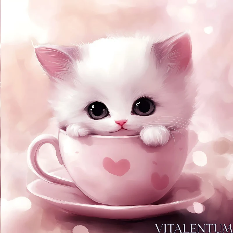 Cute Kitten Peeking from a Heart-Adorned Teacup AI Image