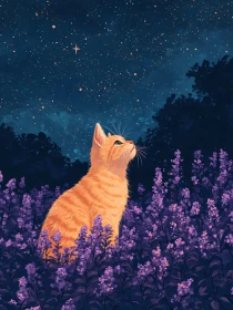 Cat Gazing at Stars in Flower Meadow