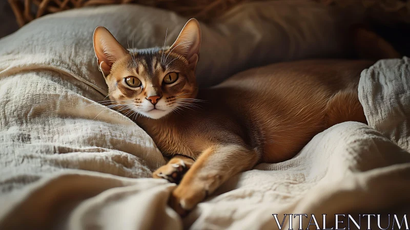 AI ART Alert Golden-Brown Cat Resting on Soft Blanket