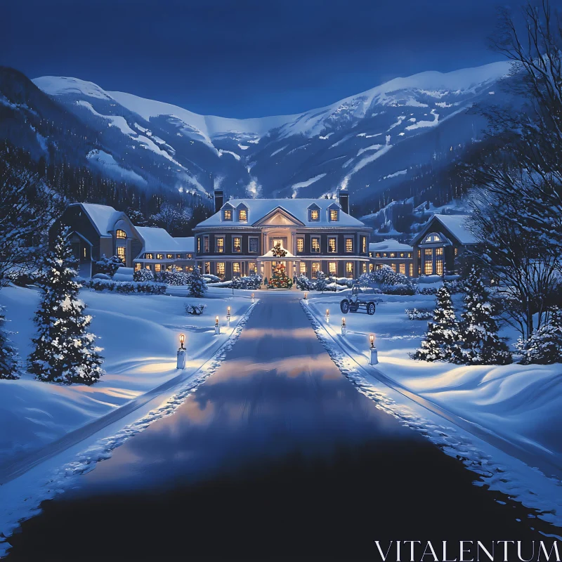 Luxury Mansion in Snowy Mountains at Night AI Image