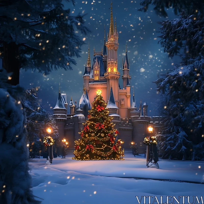 Enchanting Winter Castle with Christmas Decor AI Image