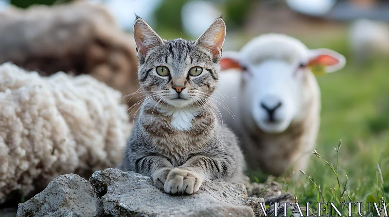 AI ART Cat and Sheep Companions in Nature