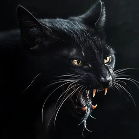 Intense Black Cat Close-Up with Prey