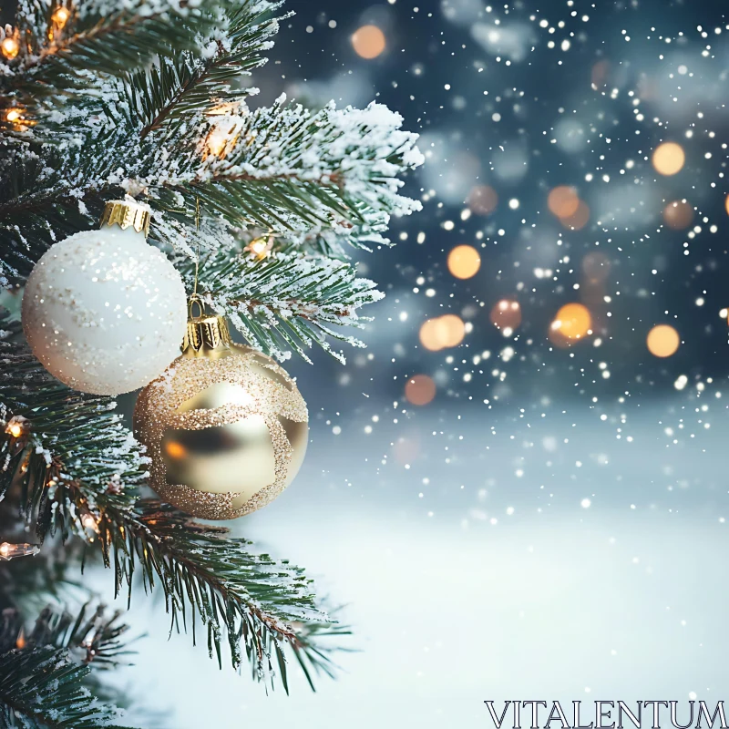 Snow-covered Christmas Tree with Baubles AI Image