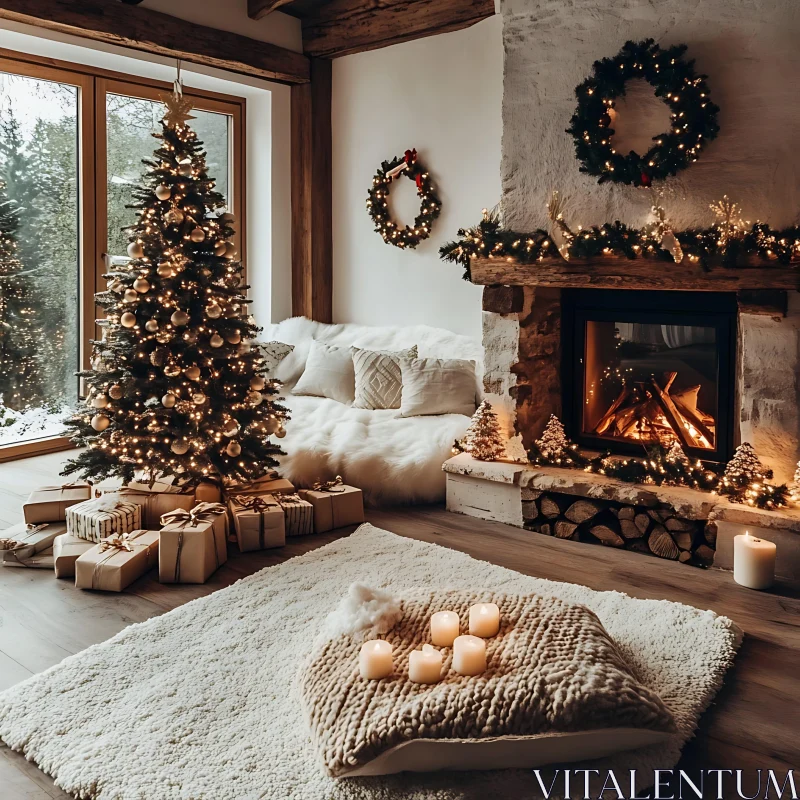 Festive Living Room with Christmas Tree and Fireplace AI Image