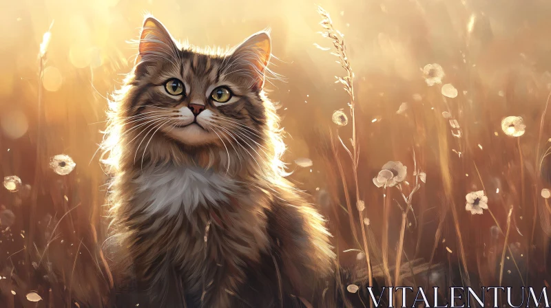 Tranquil Cat Among Sunlit Grasses AI Image