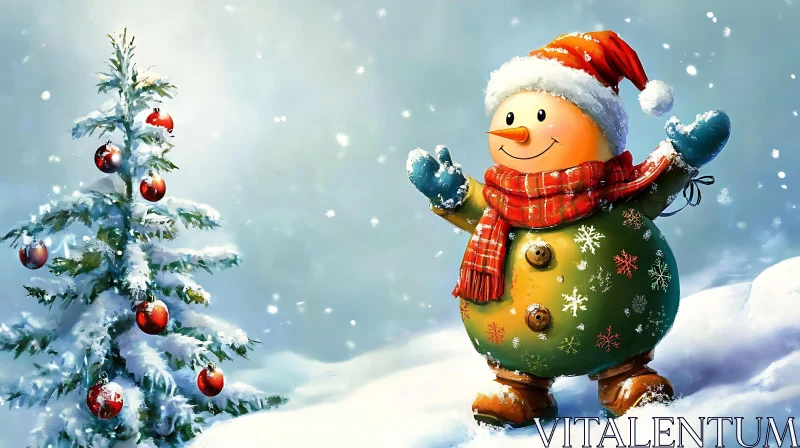 AI ART Festive Snowman and Decorated Christmas Tree in Snowy Scene