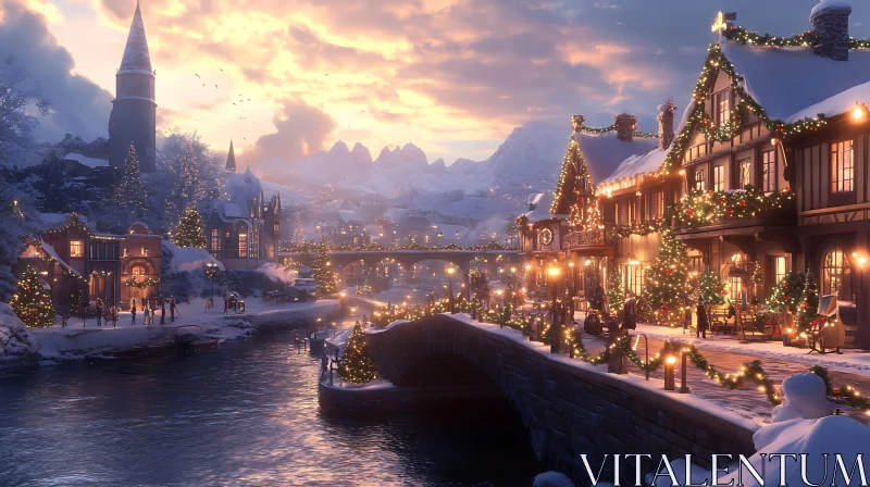 Festive Winter Village Scene at Dusk AI Image