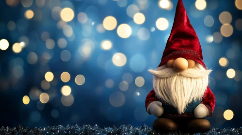 Festive Gnome in Blue Bokeh Lights