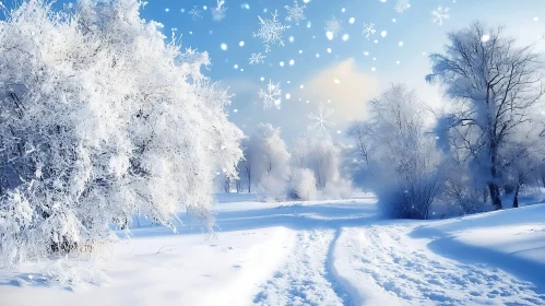 Peaceful Snowy Path Through Frost-Covered Trees