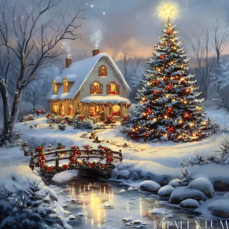 Snowy Christmas Scene with Decorated House and Tree AI Image