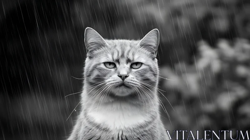 Monochrome Cat in Rainy Weather AI Image