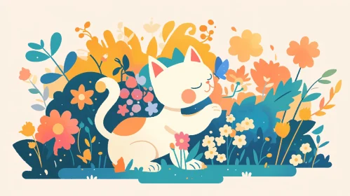 Cat and Butterfly Among Vibrant Flowers