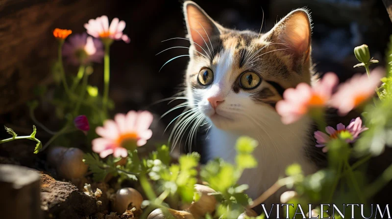 Adorable Cat in Flower Garden AI Image