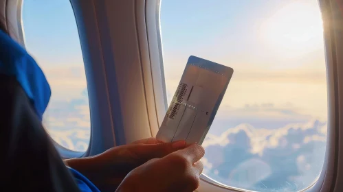 Airline Ticket in Hand by Airplane Window