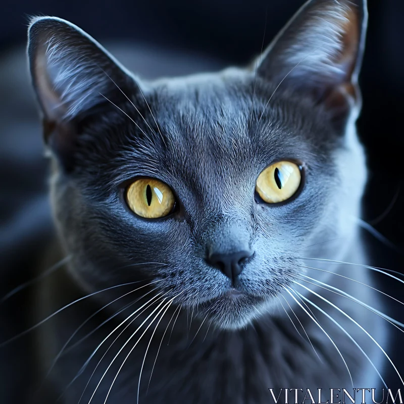 Close-Up of a Gray Cat with Yellow Eyes AI Image