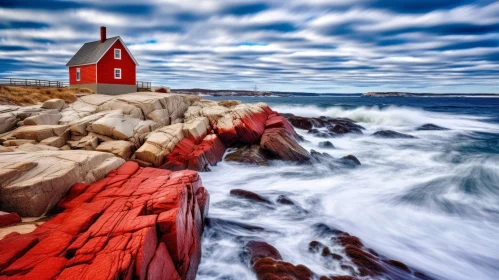 Captivating Red House on Rocks with Crashing Waves - Dynamic Range Photography