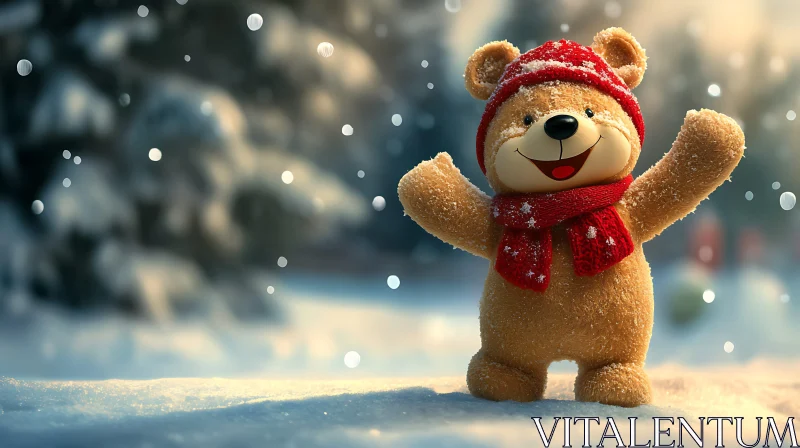 Winter Teddy Bear with Red Scarf and Hat AI Image