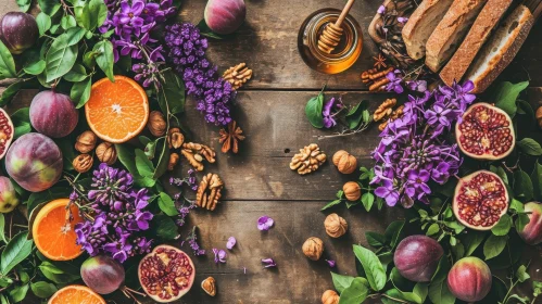 Delicious Food and Beautiful Flowers on a Wooden Table
