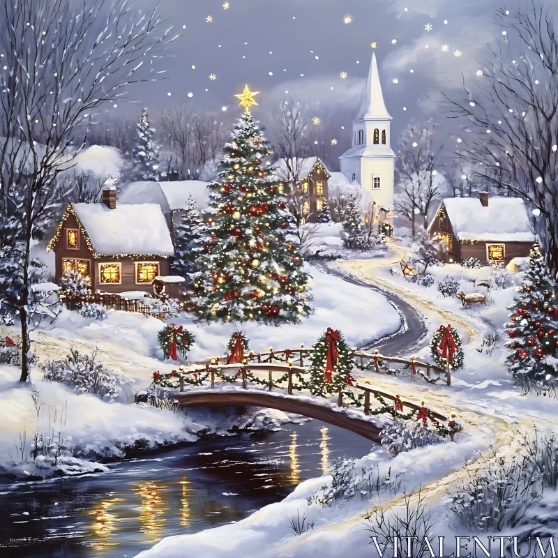 Serene Snowy Village with Festive Christmas Decorations and Lights AI Image