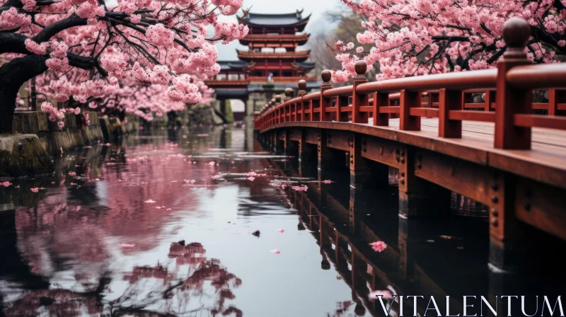 Enchanting Asian Bridge with Pink Blossoms in a Monochromatic Anime-inspired Style AI Image